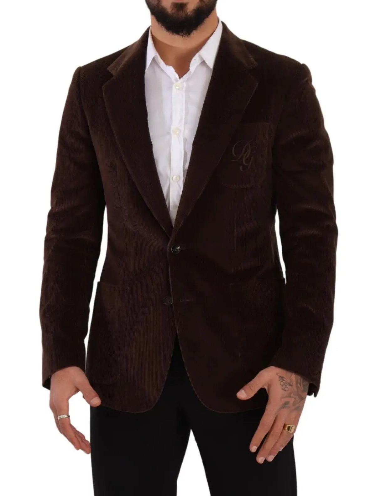 Dolce & gabbana blazer marron en velours côtelé slim fit avec logo brodé subtil sur la poche poitrine gauche