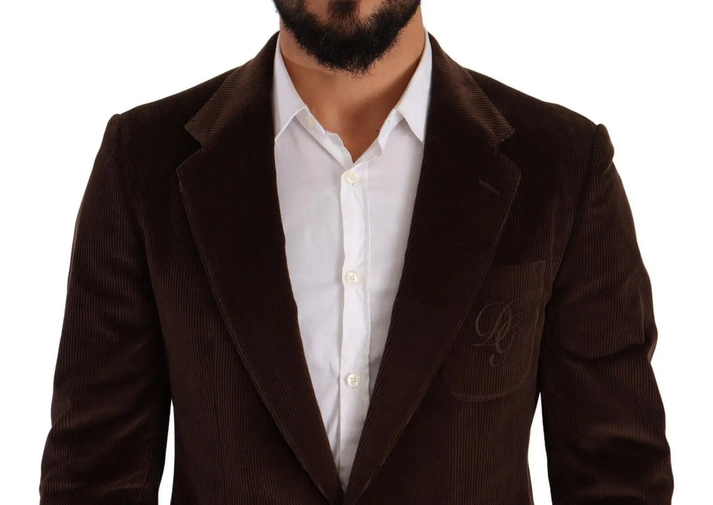 Blazer slim fit en velours côtelé marron dolce & gabbana avec logo brodé discret sur la poche poitrine gauche