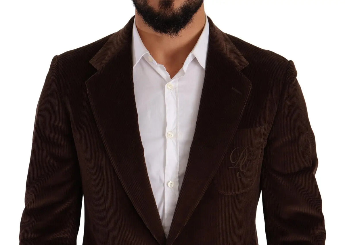 Blazer slim fit en velours côtelé marron dolce & gabbana avec logo brodé discret sur la poche poitrine gauche