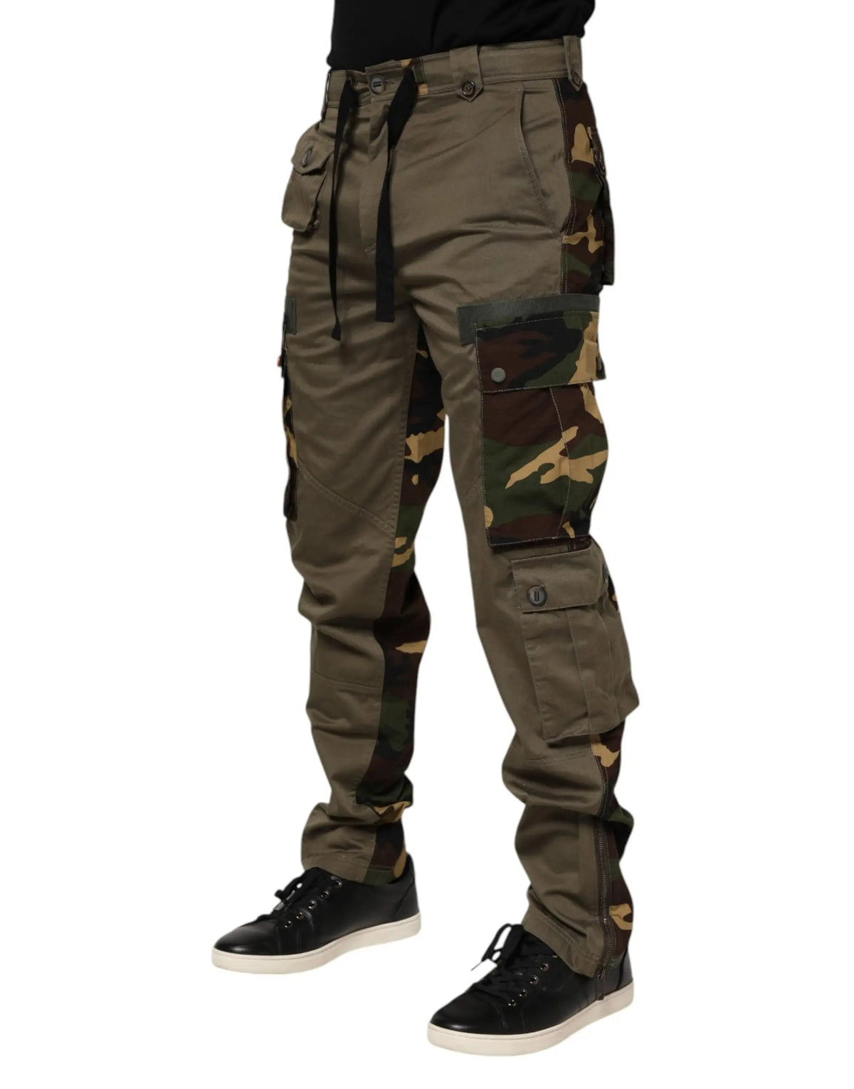 Pantalon cargo dolce & gabbana en coton marron camouflage avec poches multiples, taille à cordon et fermetures éclair latérales