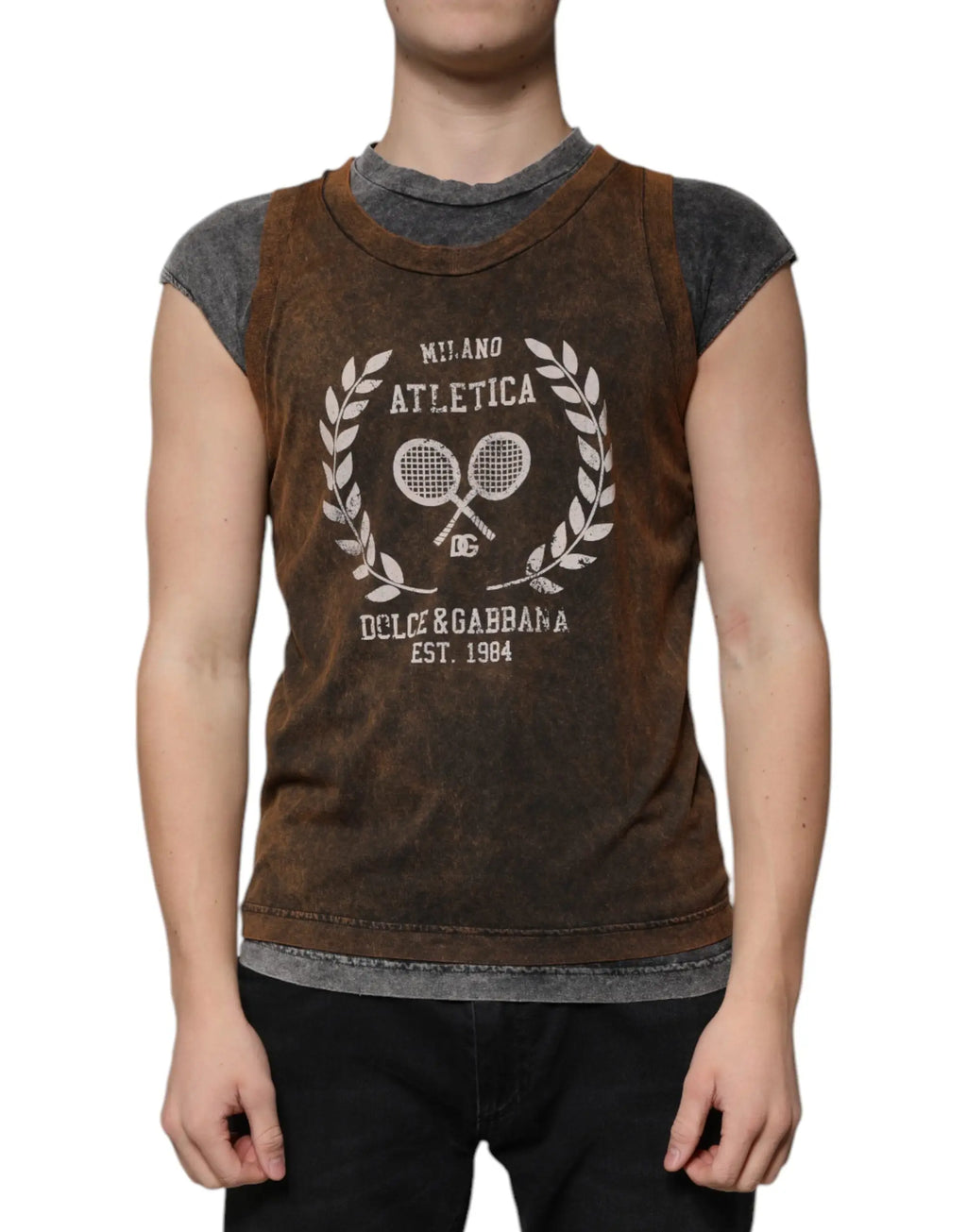 Dolce & gabbana t-shirt sans manches en coton marron distressed avec graphique blanc milano atletica et col intérieur gris superposé