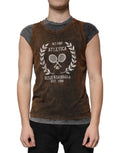 Dolce & gabbana t-shirt sans manches en coton marron distressed avec graphique blanc milano atletica et col intérieur gris superposé