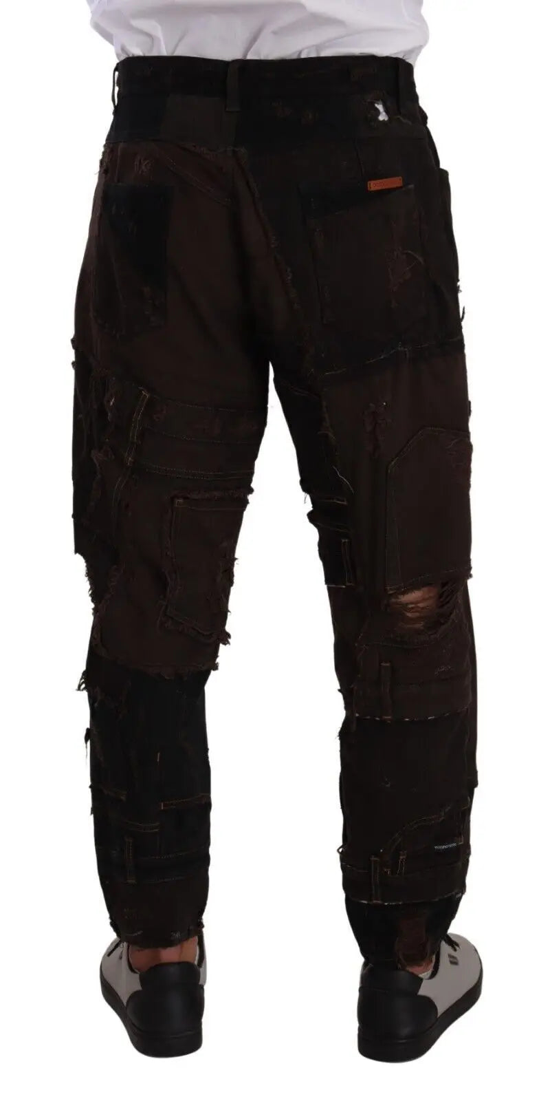 Jean denim marron regular en coton distressed de dolce & gabbana avec poches multiples et patchwork noir