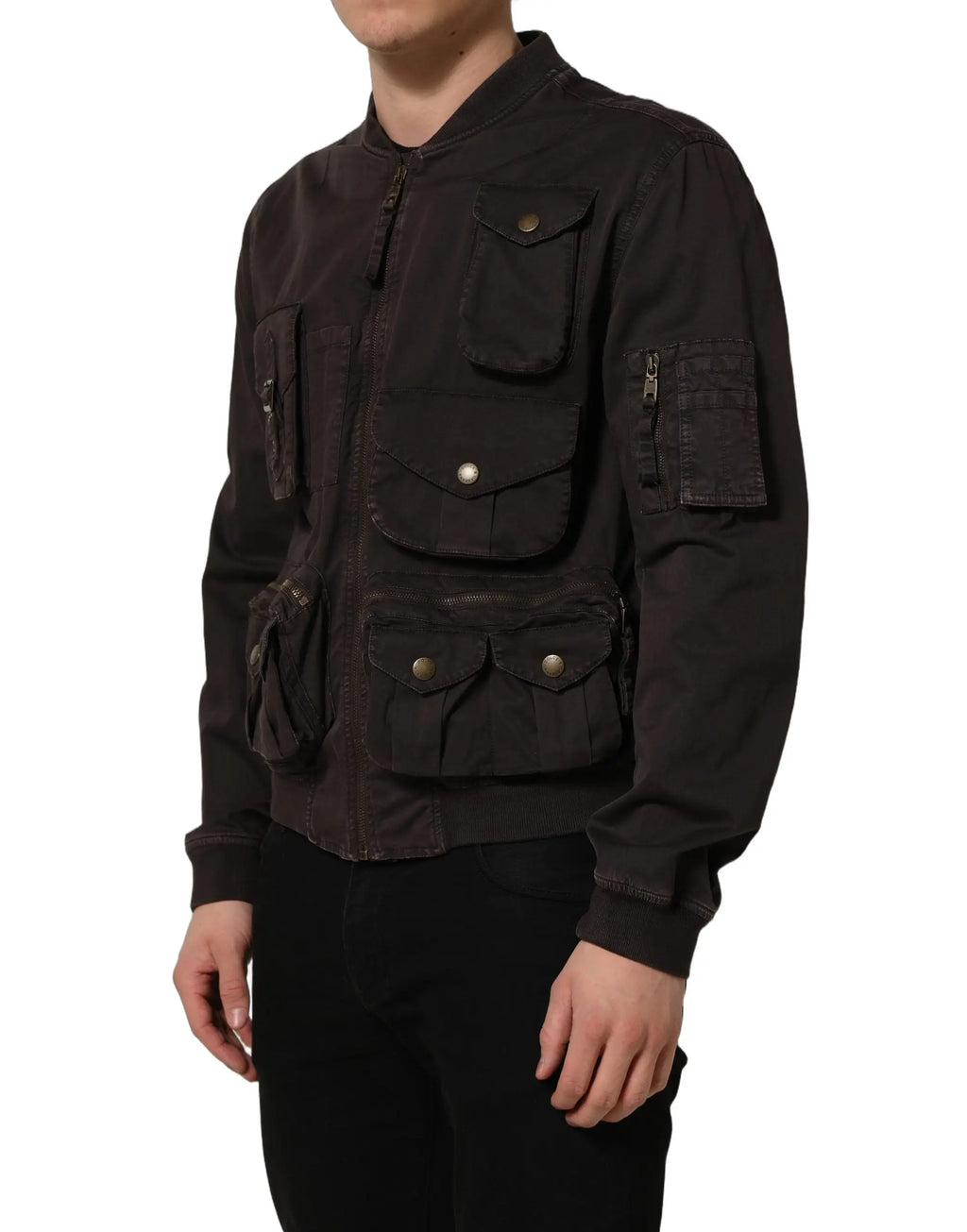Dolce & gabbana brown cotton full zip men bomber jacket with dark brown utility style multiple pockets and brass hardware