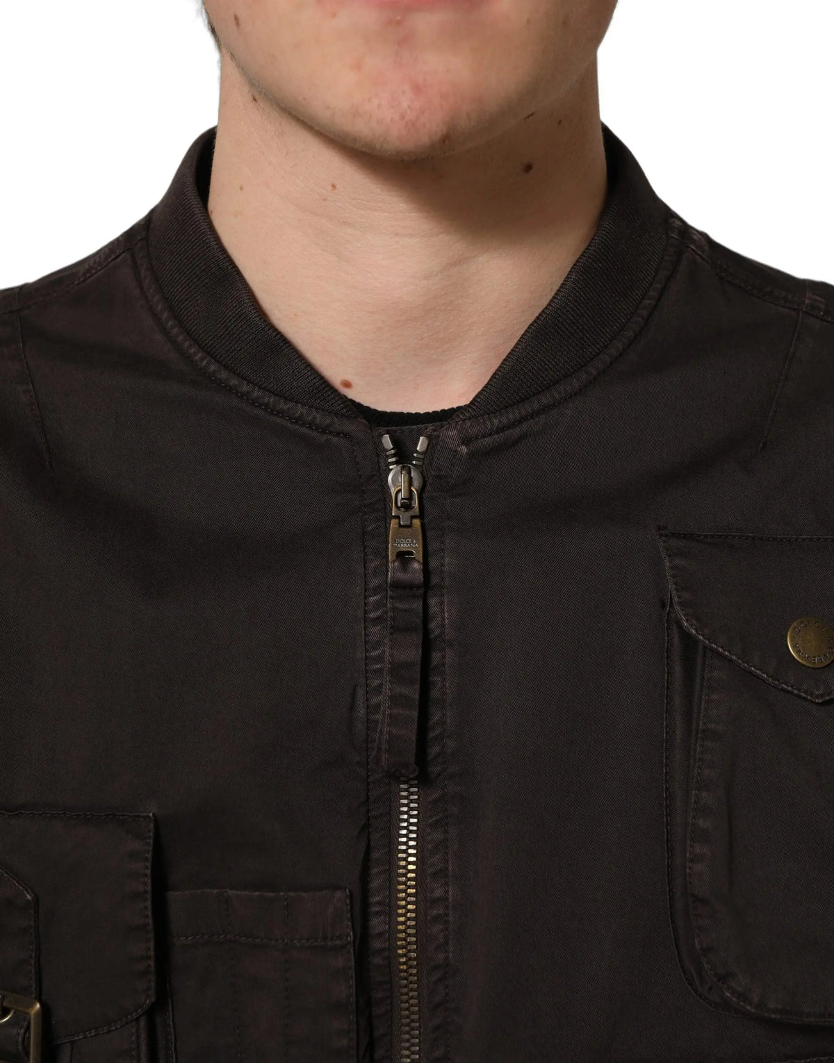 Veste bomber homme dolce & gabbana en coton marron avec fermeture éclair complète et col côtelé noir