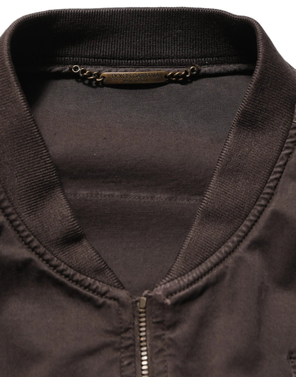 Veste bomber homme dolce & gabbana en coton marron foncé avec col côtelé, fermeture éclair et plaque métallique ornée au col