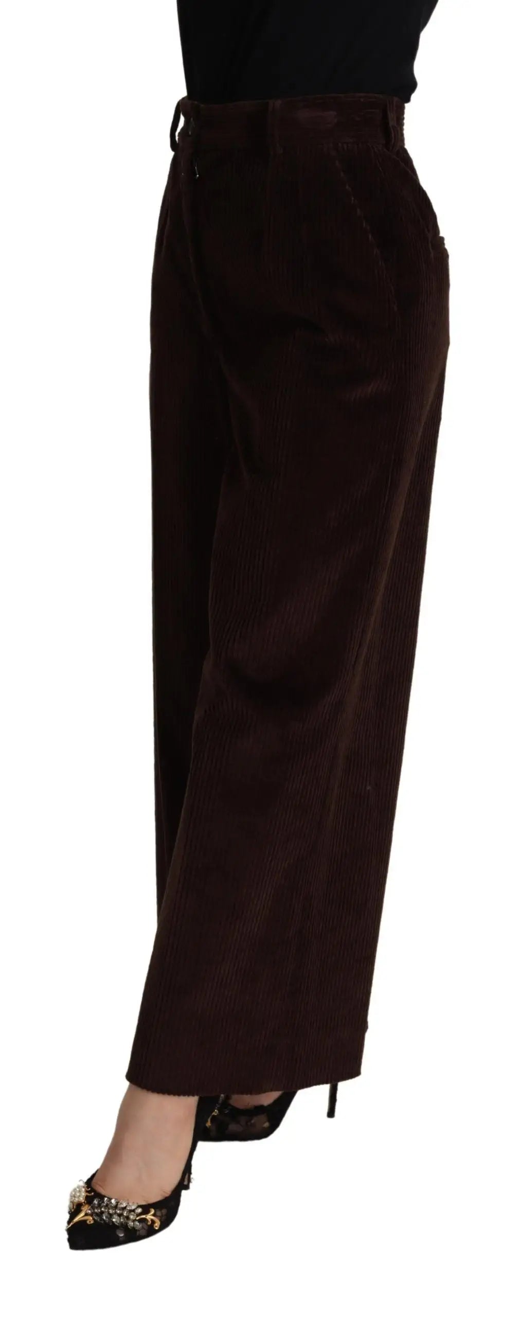 Pantalon large marron foncé en velours côtelé dolce & gabbana taille haute avec passants pour ceinture en coton