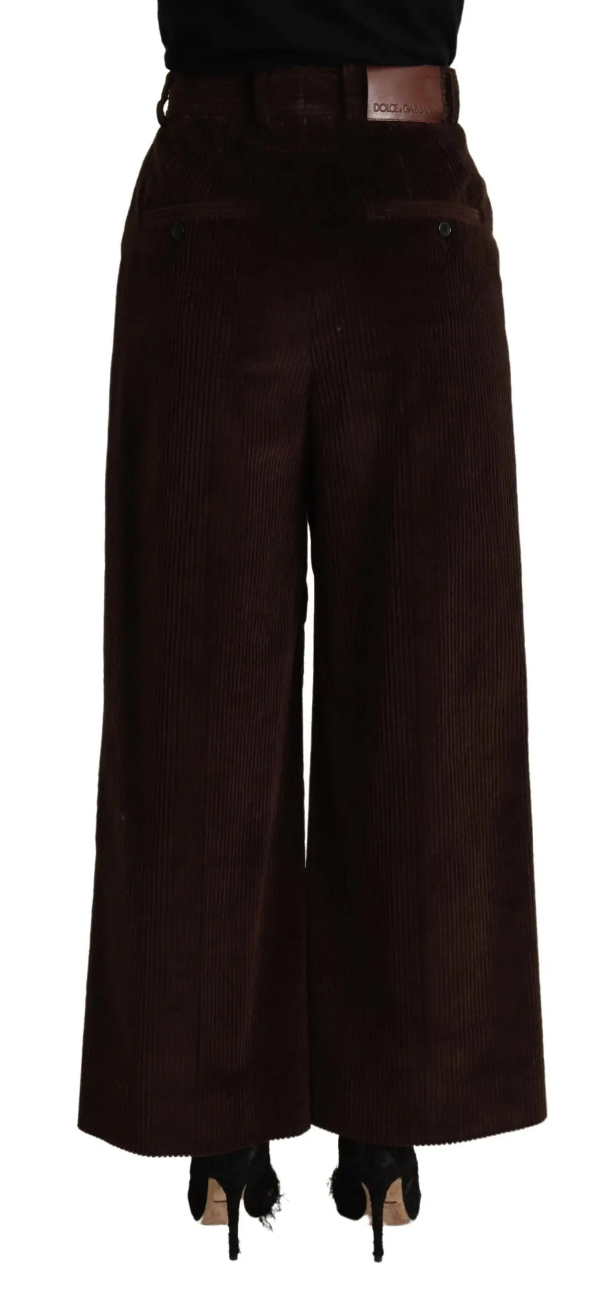 Pantalon large en velours côtelé marron foncé dolce & gabbana avec ceinture à languette en cuir en coton taille haute