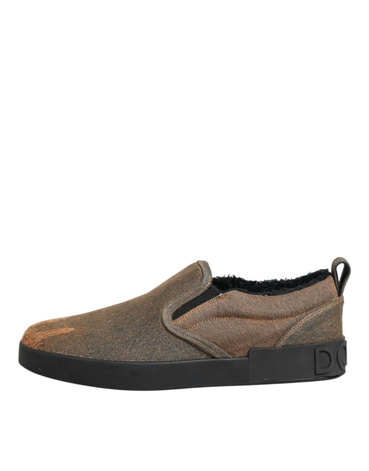 Dolce & gabbana baskets basses slip on en coton marron avec semelle en caoutchouc noir et doublure en peluche