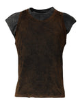 Dolce & gabbana t shirt sans manches en coton marron avec top en daim et sous chemise gris foncé aux épaules