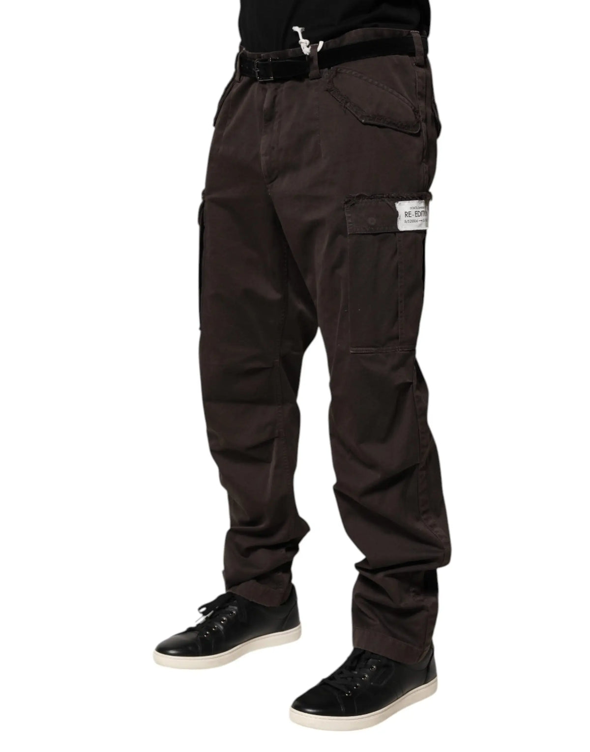 Pantalon cargo pour homme dolce & gabbana en coton extensible marron avec multiples poches et étiquette blanche sur la cuisse