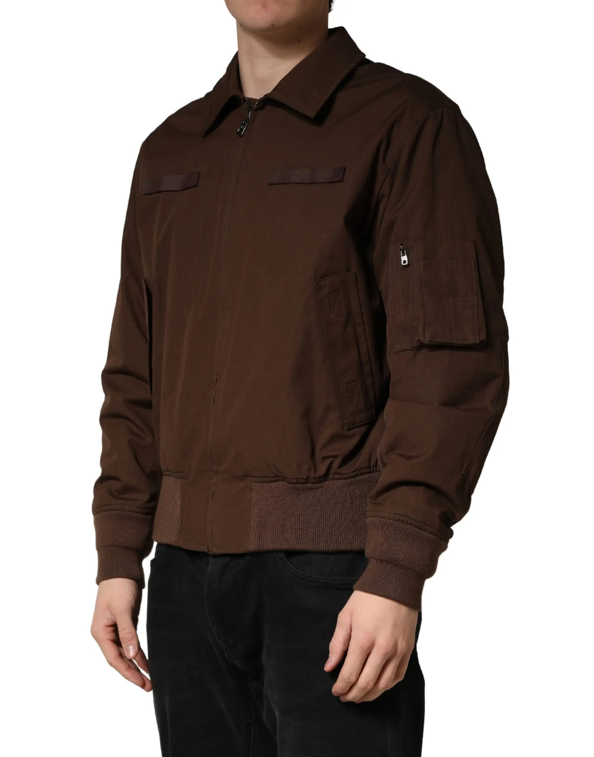 Dolce & gabbana veste bomber marron en coton stretch avec poches poitrine et manche zippée