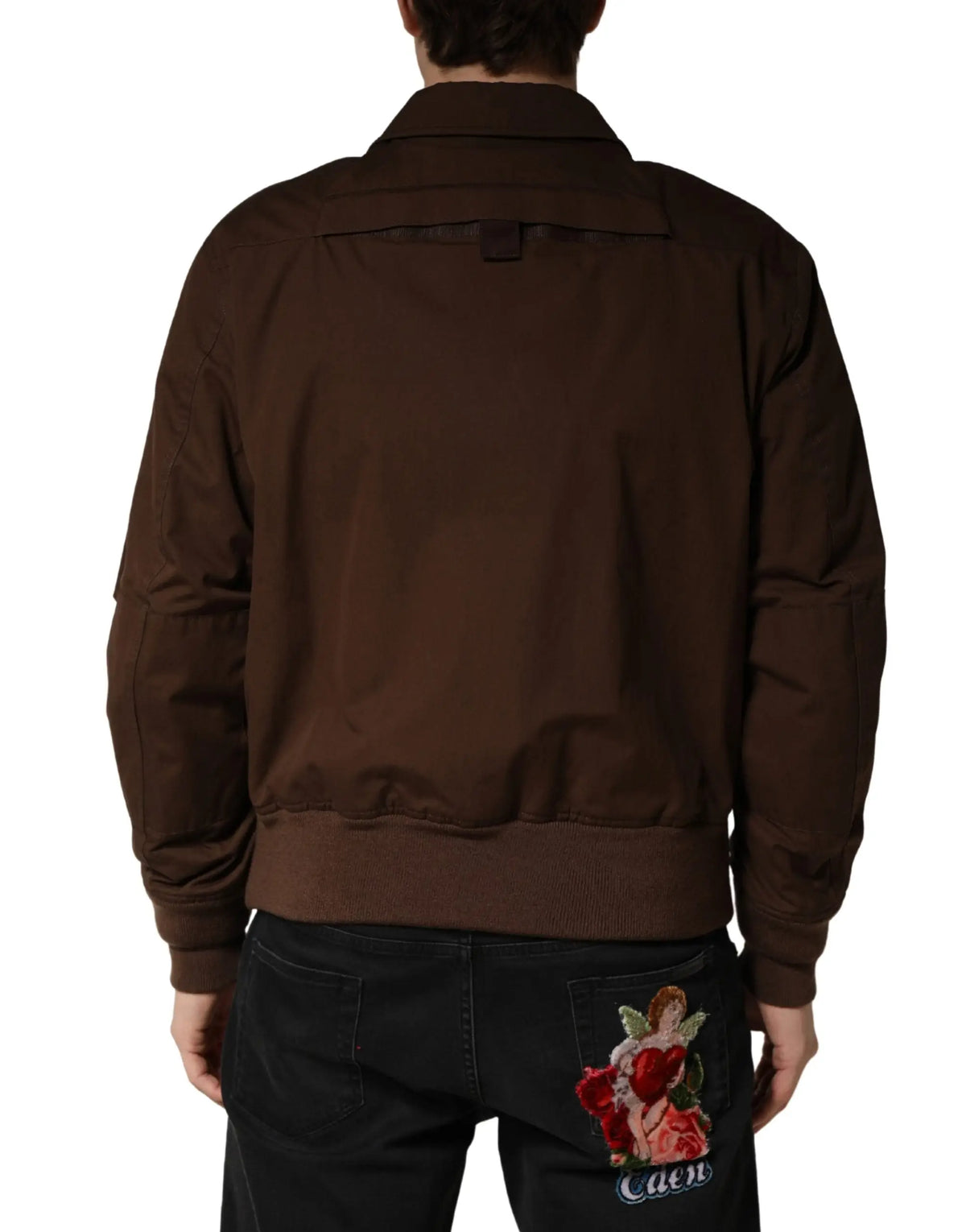 Dolce & Gabbana veste bomber marron en coton stretch avec fermeture éclair complète et texture subtile col à sangle noire