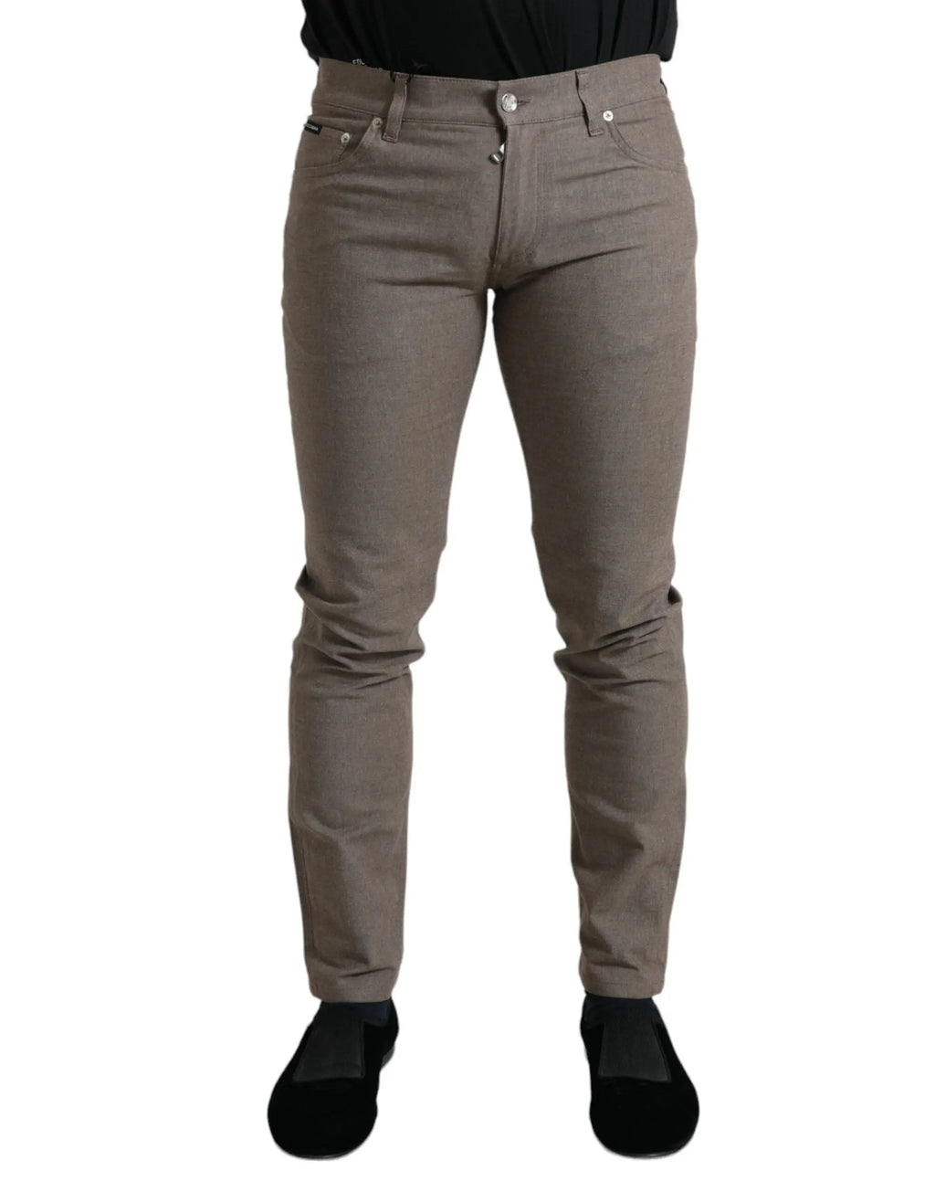 Pantalon slim fit en denim stretch coton marron de dolce gabbana avec cinq poches et boutons argentés