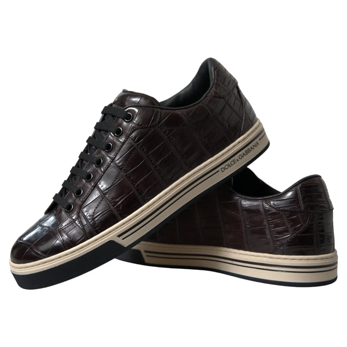 Baskets basses dolce & gabbana pour homme en cuir exotique marron embossé crocodile avec semelles rayées crème et noir