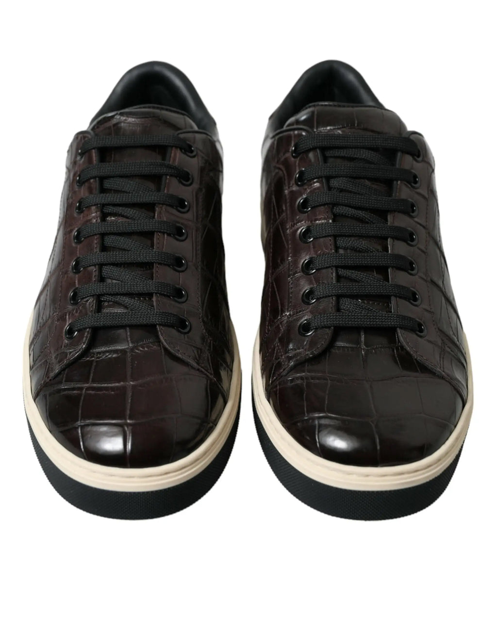 Baskets décontractées pour hommes dolce & gabbana en cuir exotique marron foncé embossé crocodile avec lacets noirs et semelle blanche
