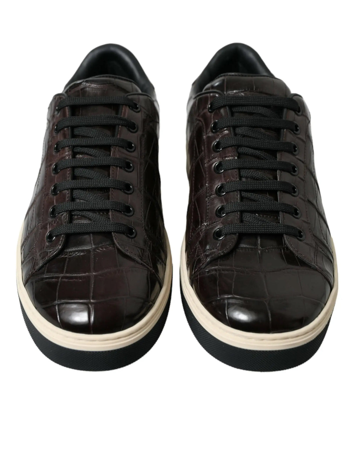 Baskets décontractées pour hommes dolce & gabbana en cuir exotique marron foncé embossé crocodile avec lacets noirs et semelle blanche