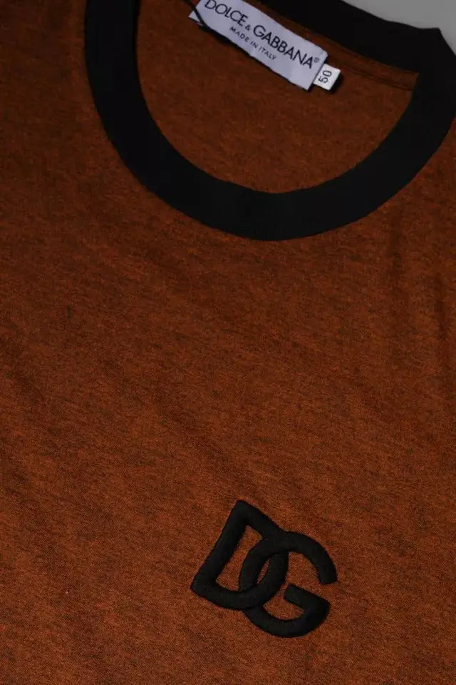 T-shirt dolce & gabbana marron en polyester avec col rond côtelé noir et logo dg brodé sur la poitrine