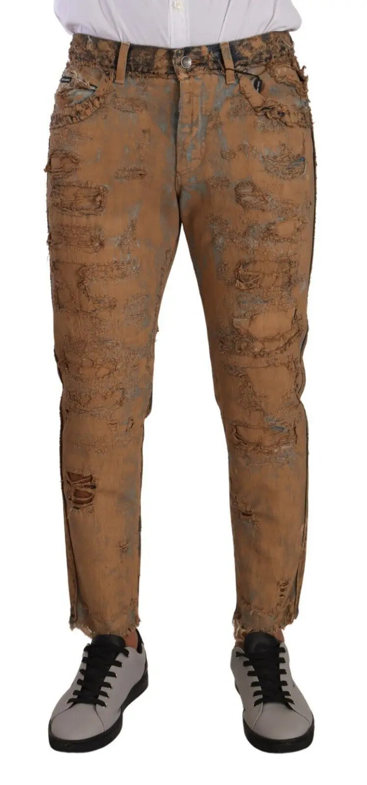 Jeans en denim marron distressed en coton dolce gabbana avec patches décolorés et ourlets effilochés