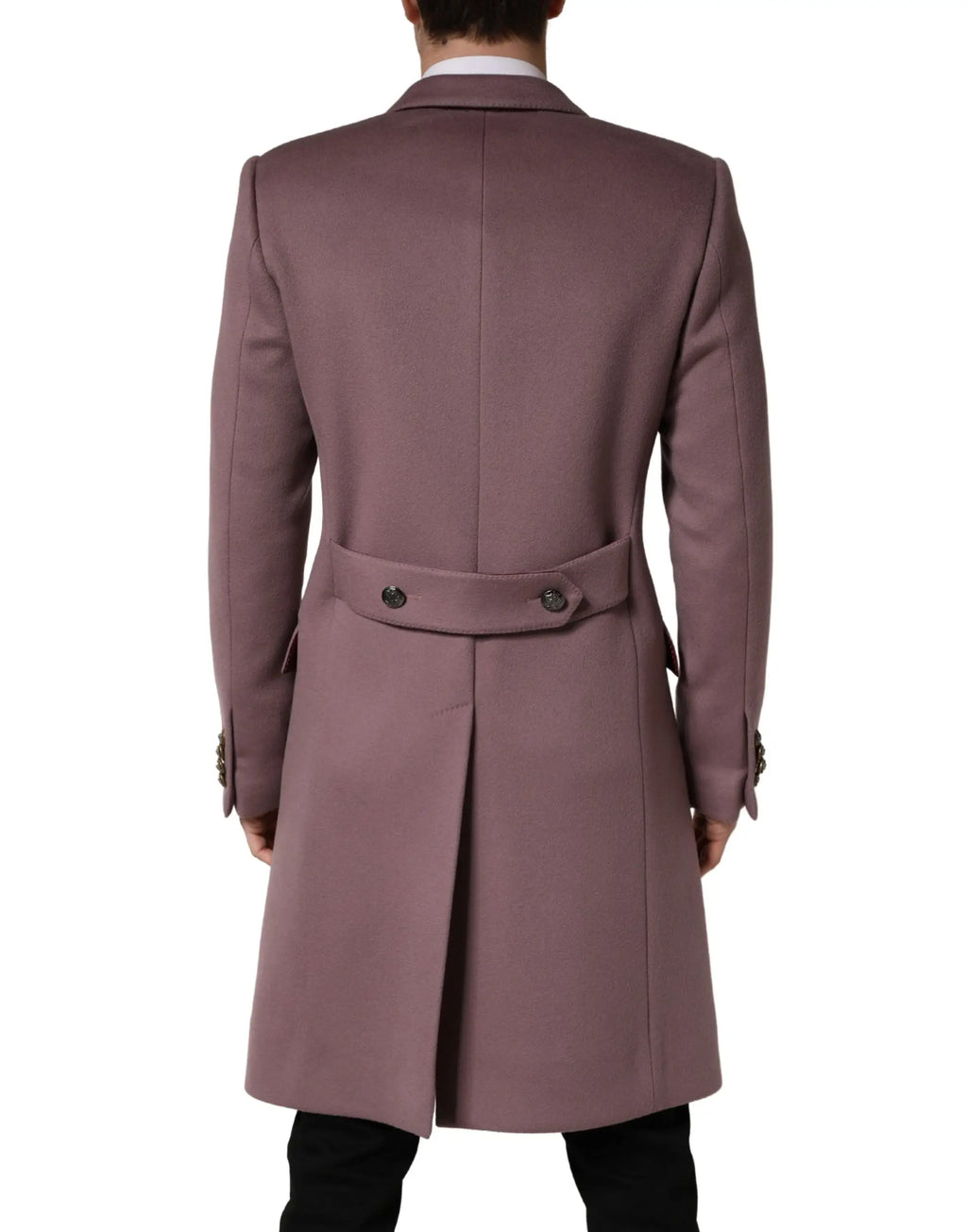 Dolce & gabbana brown double breasted men trench coat jacket vue arrière en laine mauve avec deux boutons sombres au niveau de la taille