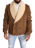 Dolce & gabbana veste aviateur double boutonnage marron en shearling avec col crème doux et boutons assortis marron