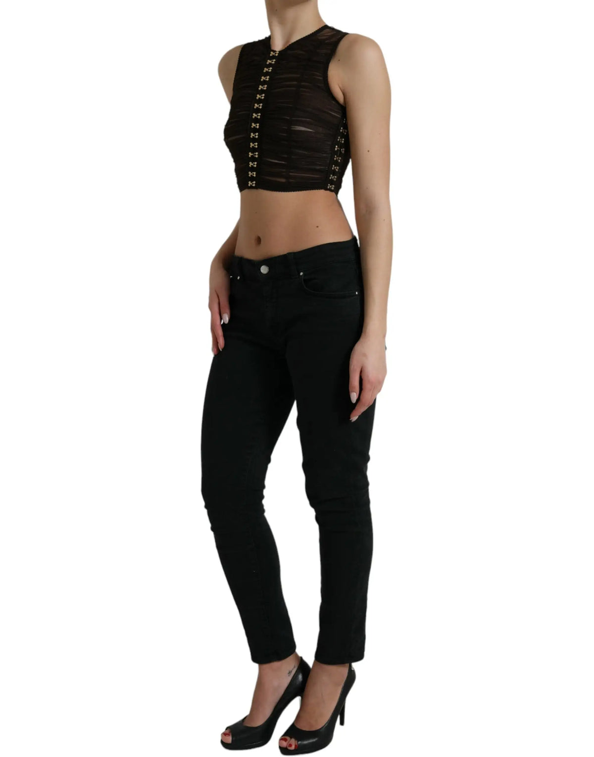 Dolce & Gabbana crop top noir en nylon stretch avec lacets et œillets métalliques argentés embellis
