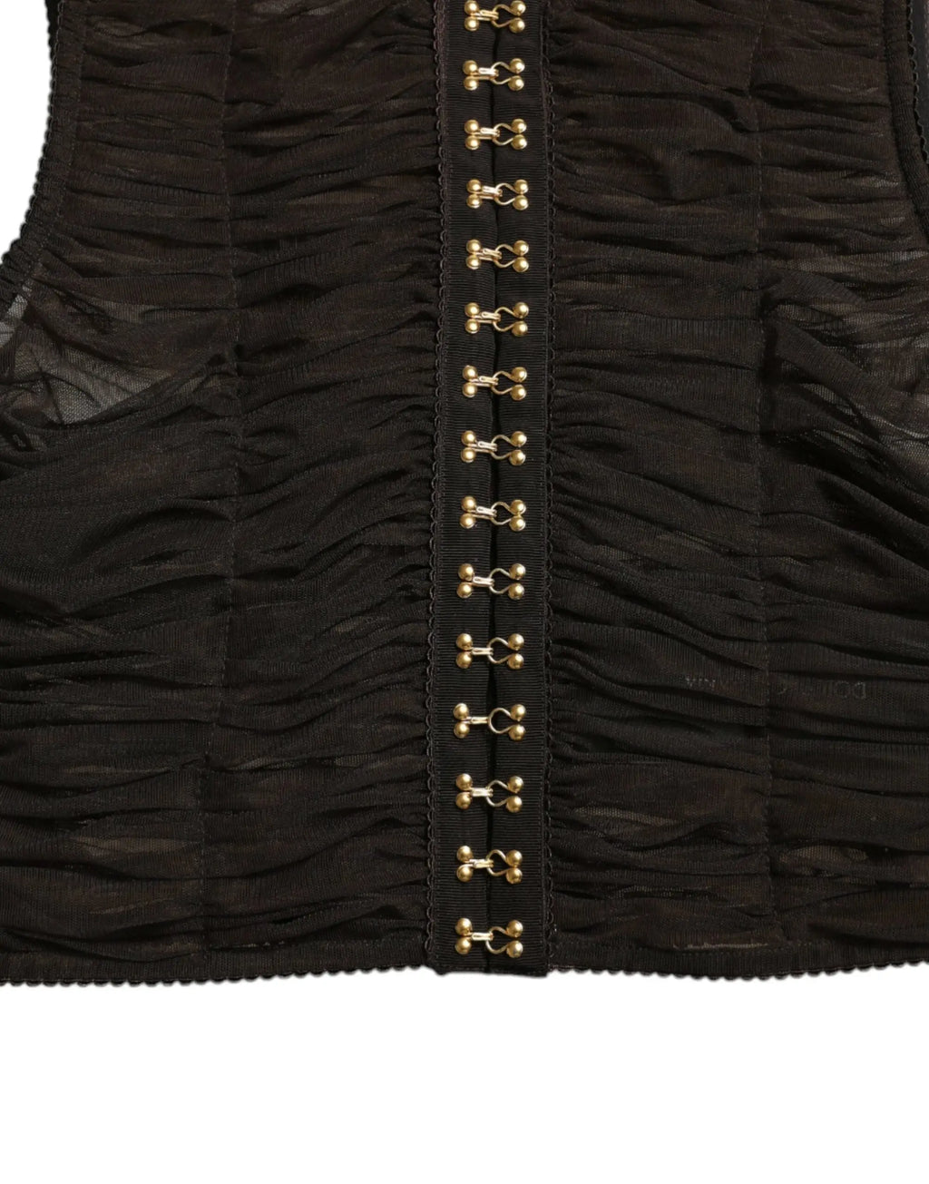 Dolce & gabbana top court en nylon marron avec embellissements et gilet noir froncé à agrafes dorées osseuses centrales