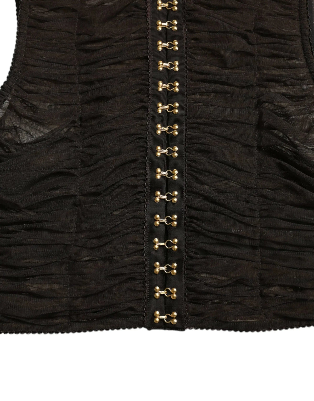 Dolce & gabbana top court en nylon marron avec embellissements et gilet noir froncé à agrafes dorées osseuses centrales