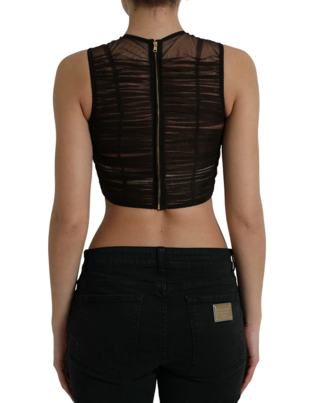 Crop top court dolce & gabbana en nylon marron avec zip doré central et texture froncée en mesh noir transparent