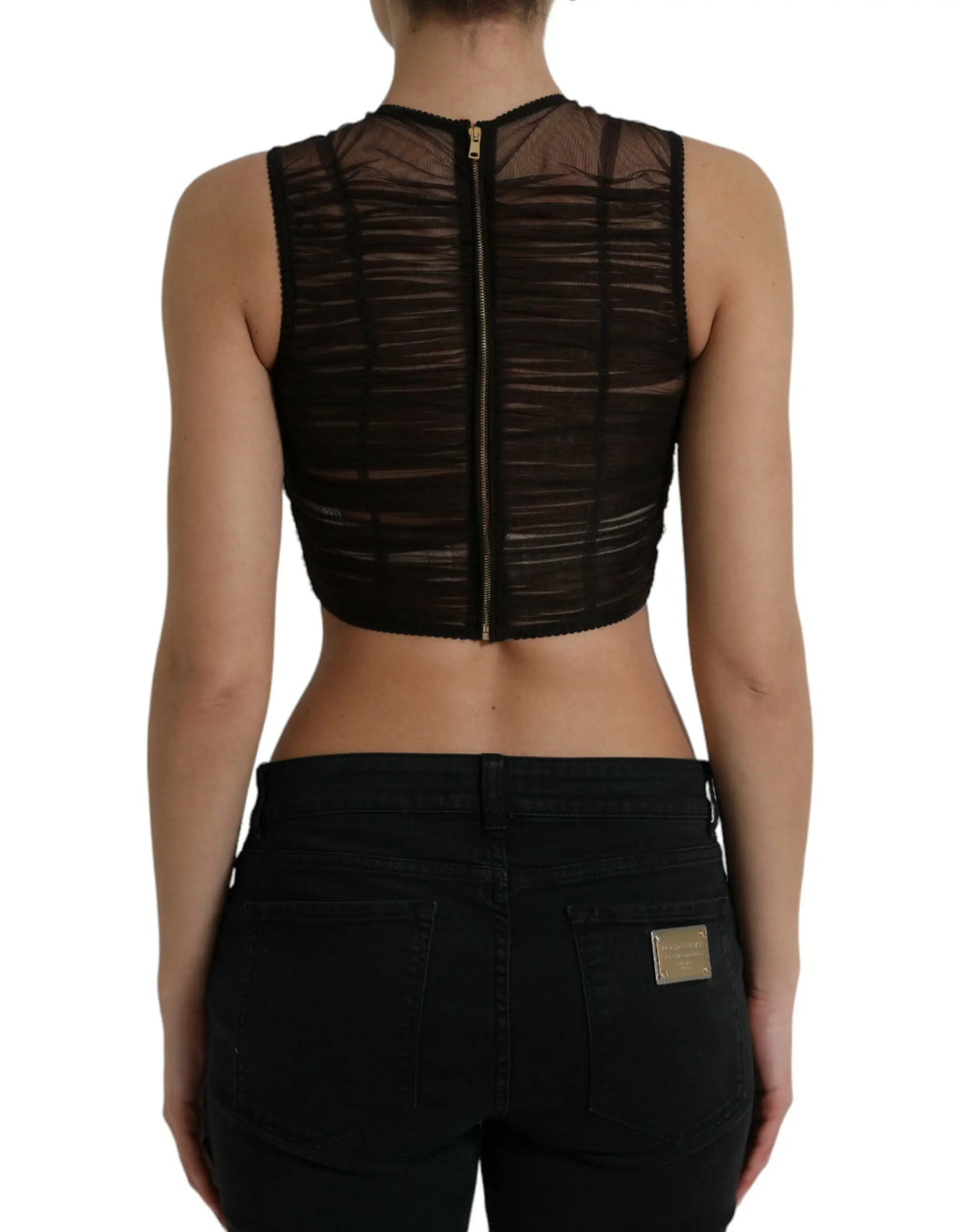 Crop top court dolce & gabbana en nylon marron avec zip doré central et texture froncée en mesh noir transparent