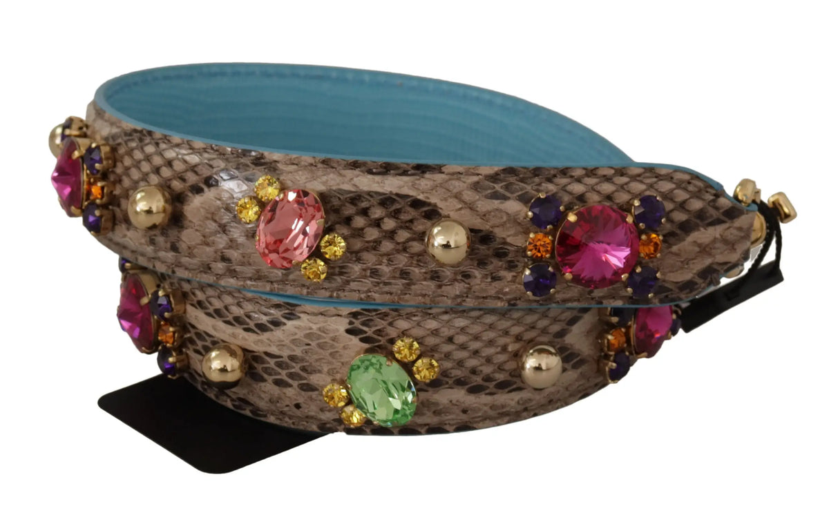 Dolce & gabbana brown exotic leather shoulder strap with snakeskin pattern and pink green purple crystal accents