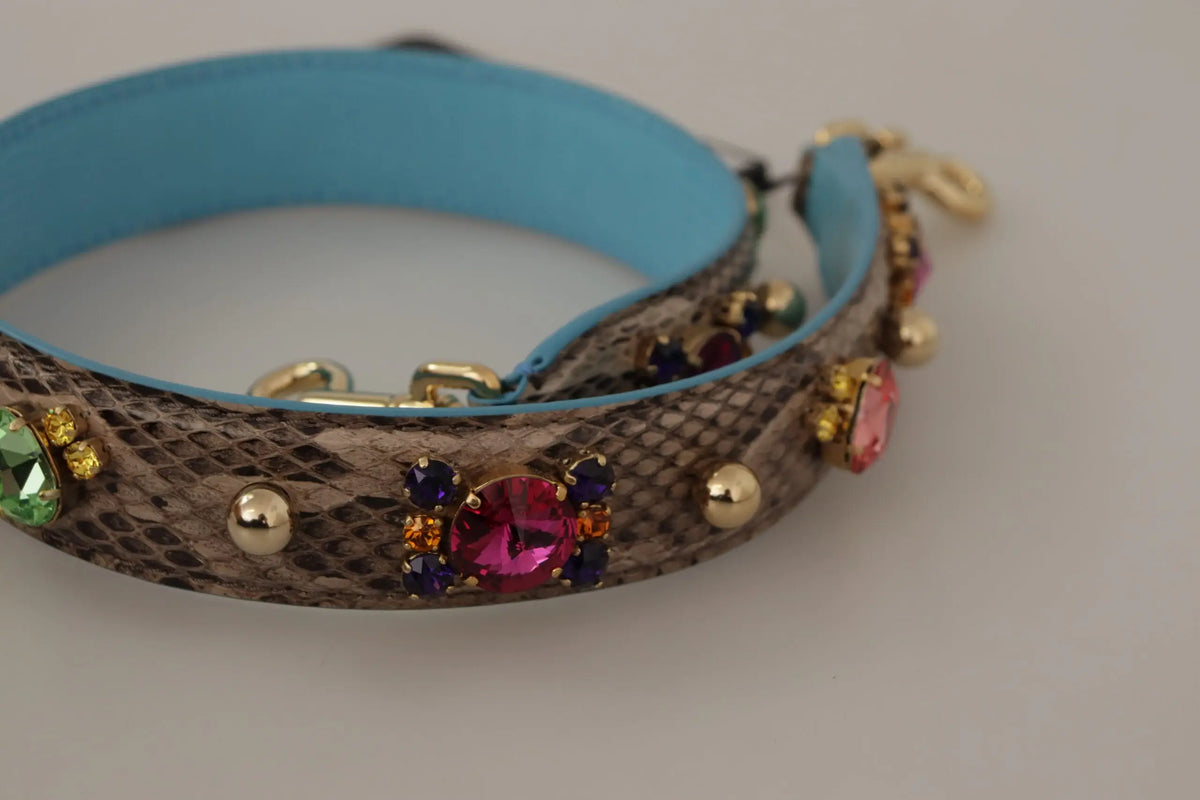 Dolce & gabbana bride exhibant un cuir exotique marron avec des cristaux colorés sur une doublure bleu clair