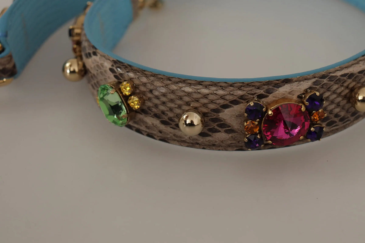 Collier dolce gabbana en cuir exotique marron avec texture peau de serpent, clous dorés et strass colorés