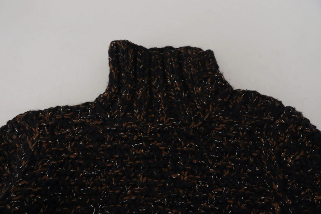 Dolce gabbana pull en maille marron fatte a mano avec col roulé côtelé texturé noir et brun marbré