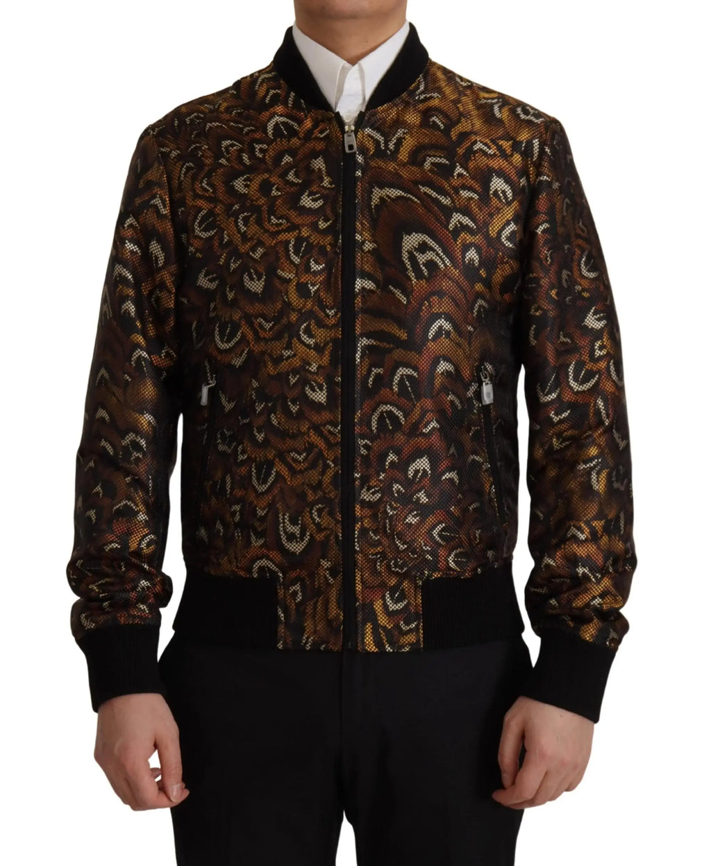 Dolce & gabbana brown feather blouson jacket pour homme en tissu noir avec motifs abstraits marron et or et finitions côtelées noires