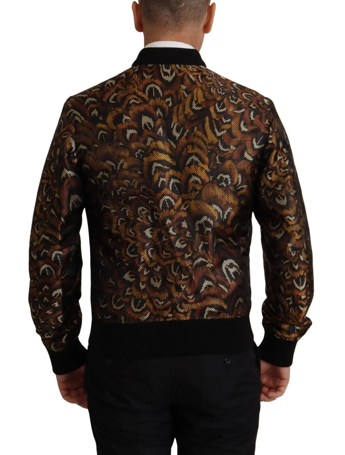 Veste blouson homme dolce gabbana à fermeture éclair intégrale avec motif complexe doré et marron sur fond foncé
