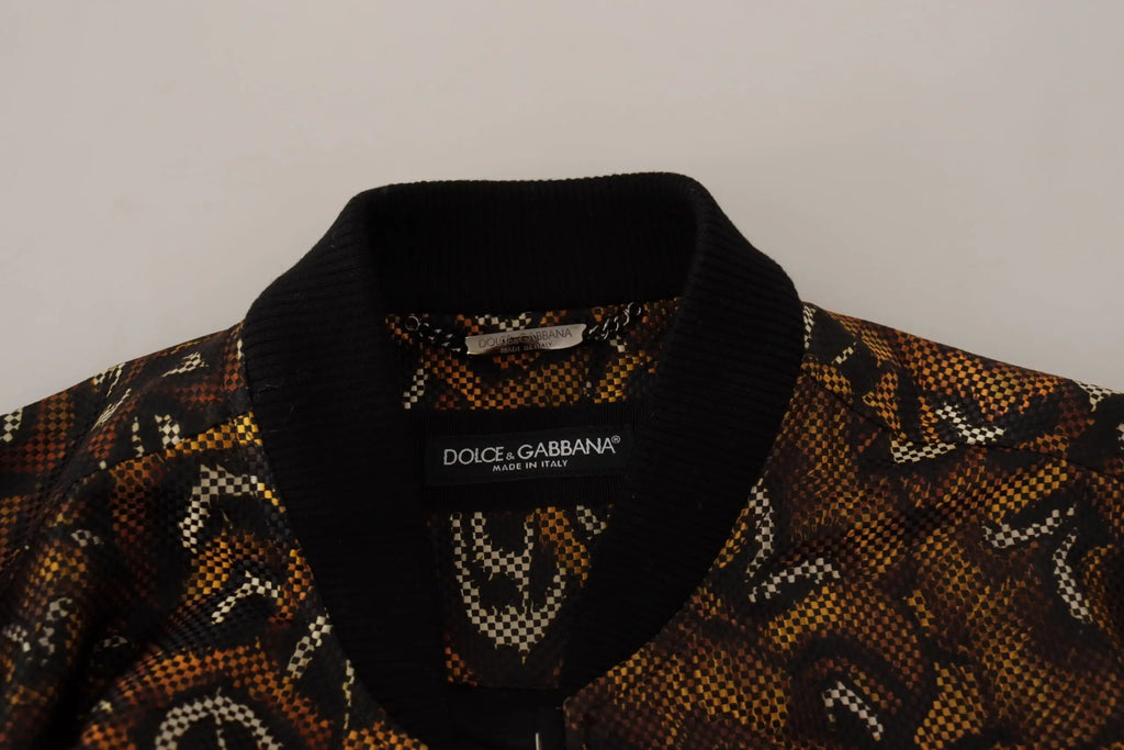 Dolce and gabbana blouson marron en plumes avec motif peau de serpent marron et noir et col côtelé noir