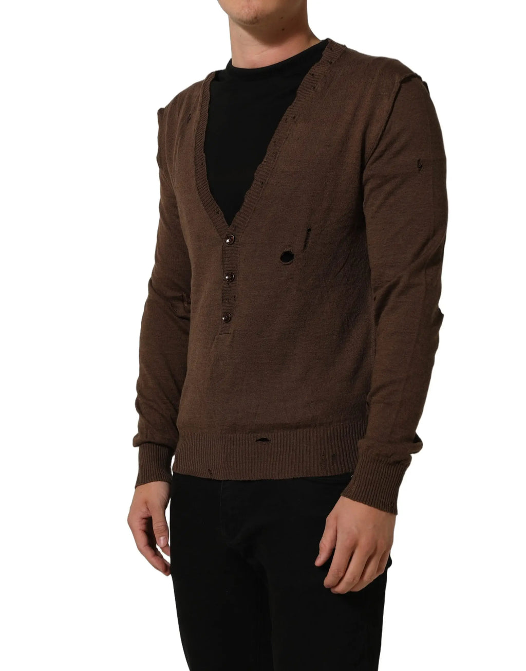 Cardigan marron en maille avec détails usés et boutons marron foncé dolce & gabbana pull col v en lin