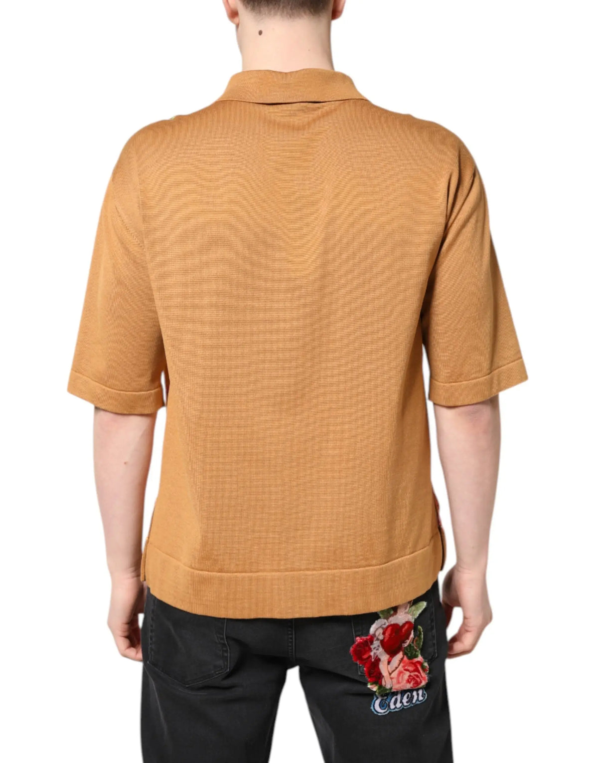Polo manche courte dolce & gabbana marron texturé avec motif floral subtil et col fermé