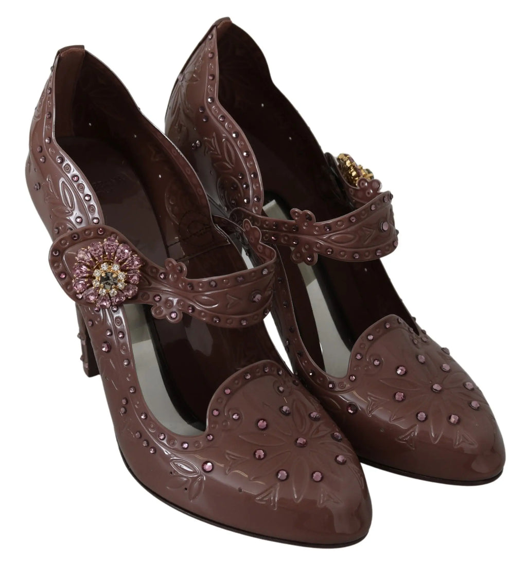 Dolce & gabbana marron verni escarpins mary jane avec gravure florale, clous et fleur en cristal sur la bride