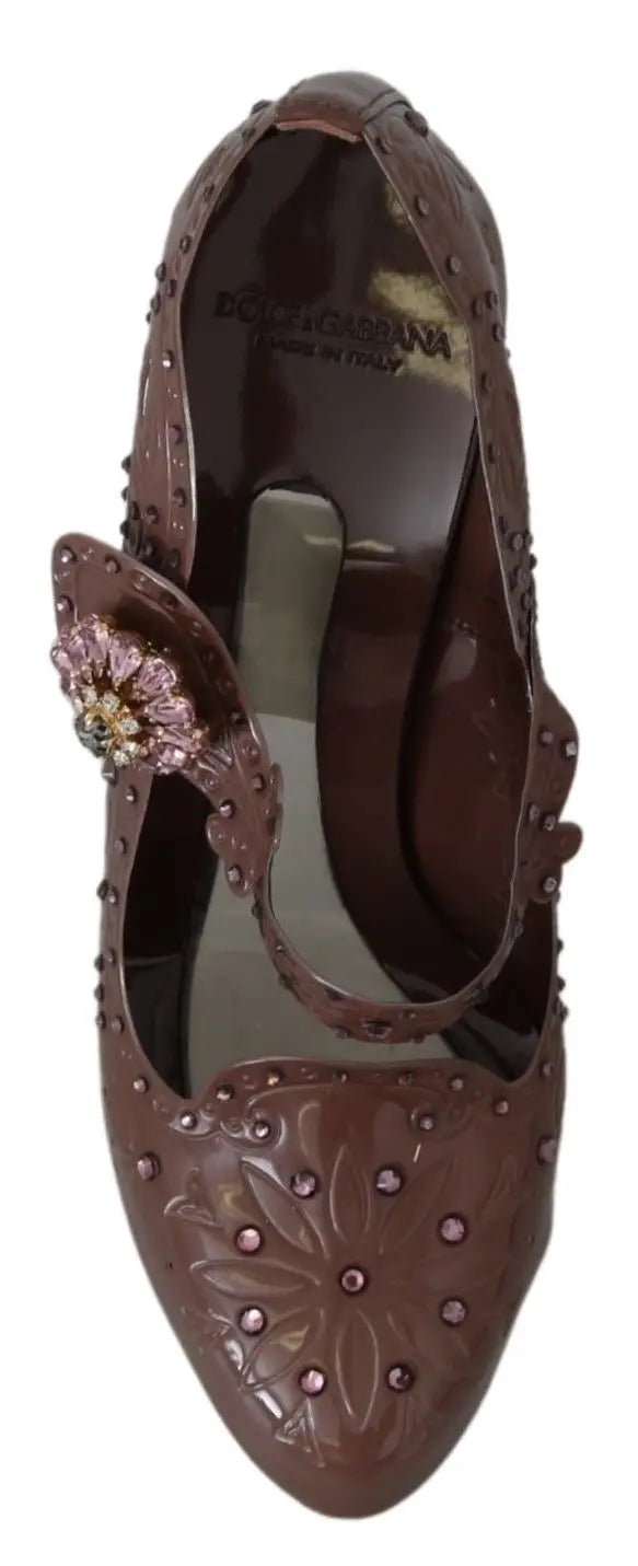 Chaussure dolce & gabbana mary jane en cuir verni marron avec embossage floral, strass et boucle fleur ornée de bijoux
