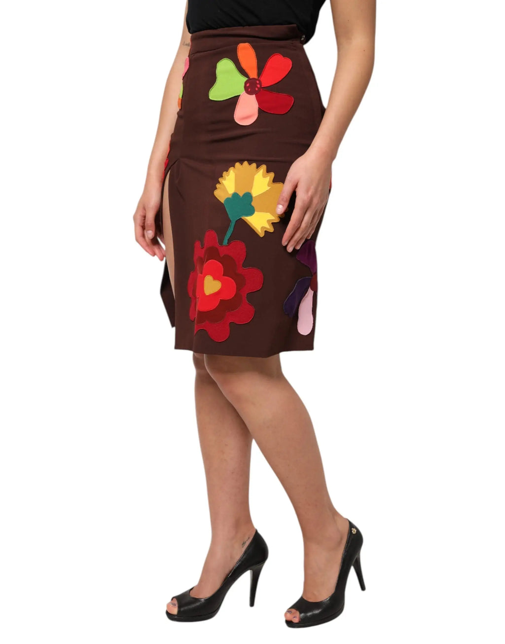 Dolce & Gabbana jupe crayon marron à taille haute avec fleurs appliquées colorées et fente latérale