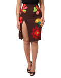 Jupe crayon marron dolce et gabbana à taille haute avec fente latérale et fleurs appliquées colorées rouges orange vert et jaune