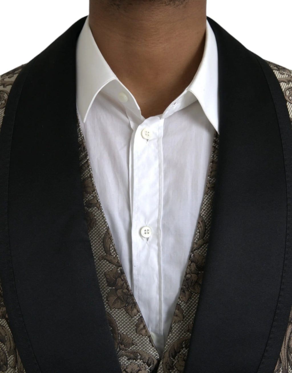 Black satin lapel vest with brown and beige floral embroidery over white shirt in dolce gabbana brown floral jacquard suit