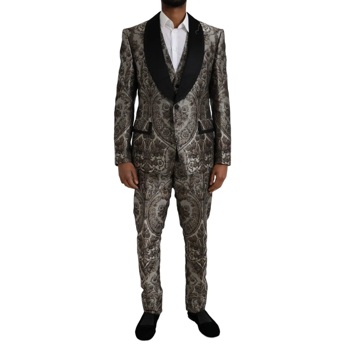 Dolce gabbana costume trois pièces marron floral jacquard avec motif damas métallisé argent noir et revers satin noir