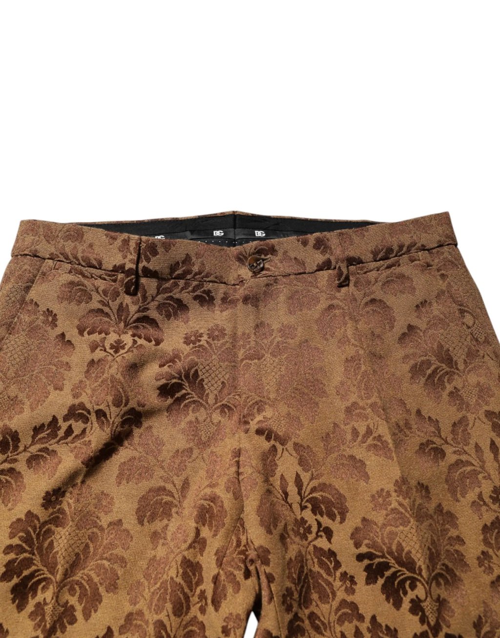 Pantalon marron à fleurs en jacquard texturé dolce & gabbana avec logo visible à la ceinture