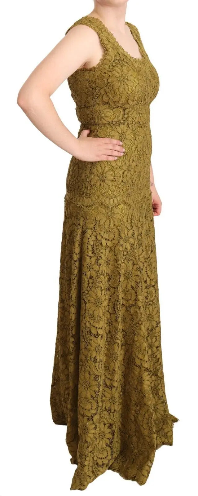 Robe maxi en dentelle olive verte dolce gabbana avec encolure en v flatteuse et taille ajustée