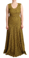 Robe longue en dentelle florale marron dolce gabbana avec motif floral vert olive et encolure festonnée