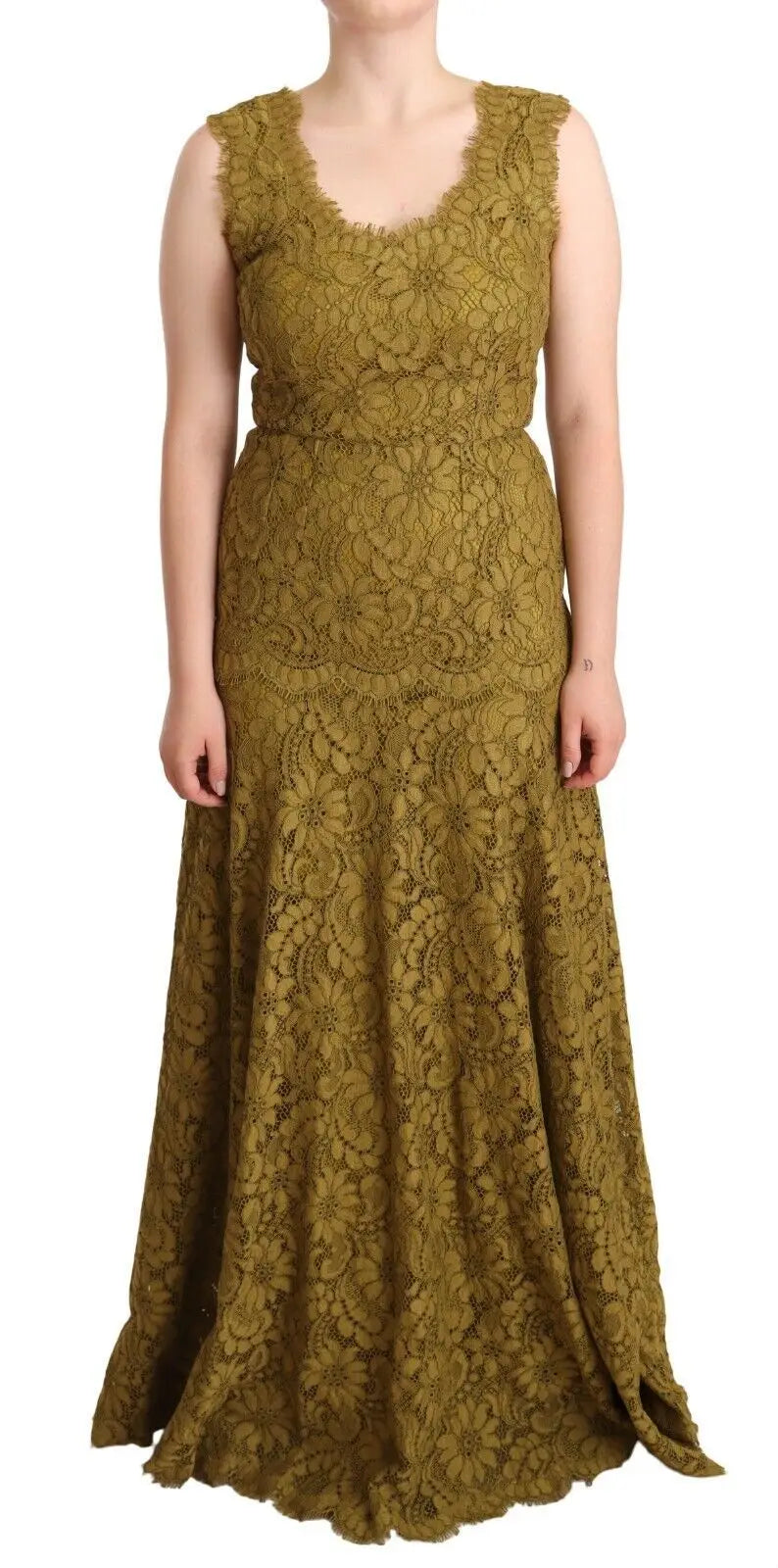 Robe longue en dentelle florale marron dolce gabbana avec motif floral vert olive et encolure festonnée