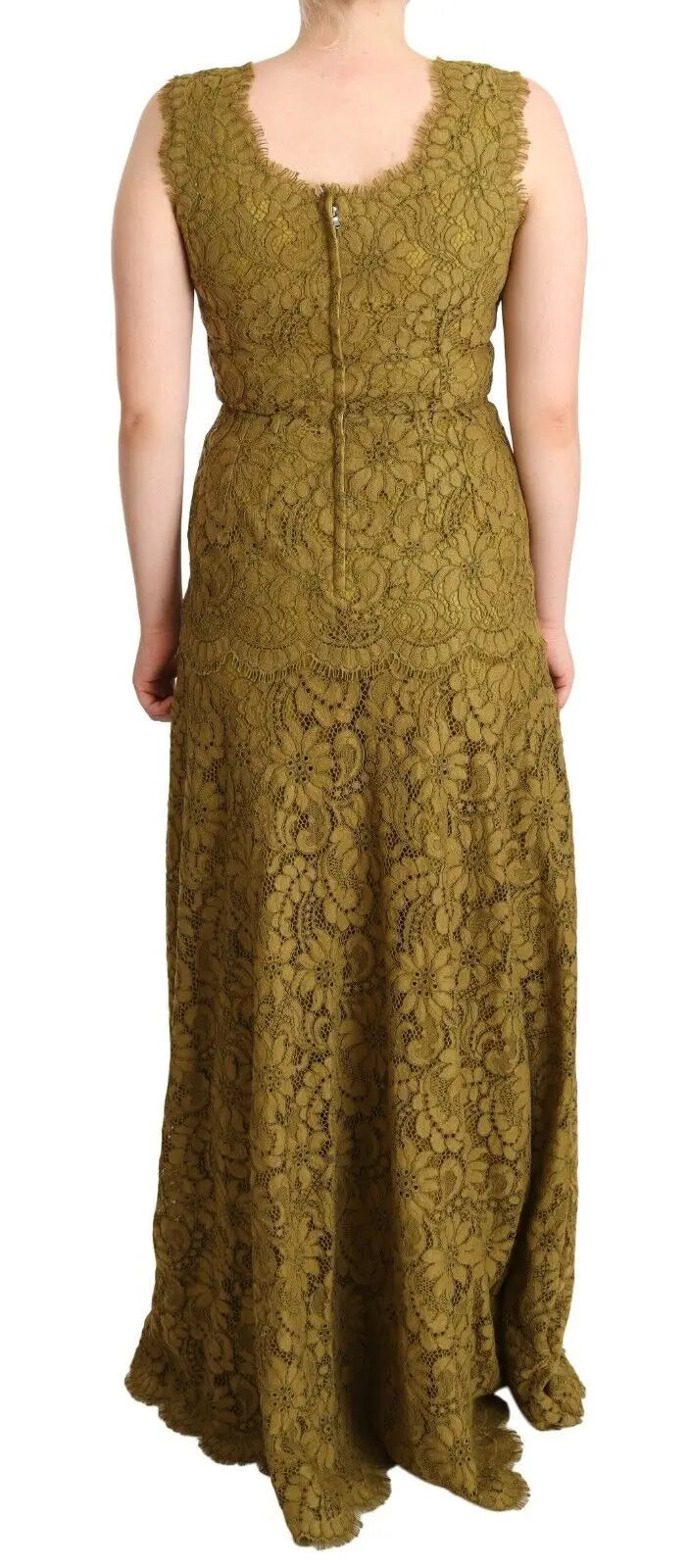 Robe maxi en dentelle verte olive dolce gabanna avec corsage ajusté et jupe fluide longue au sol